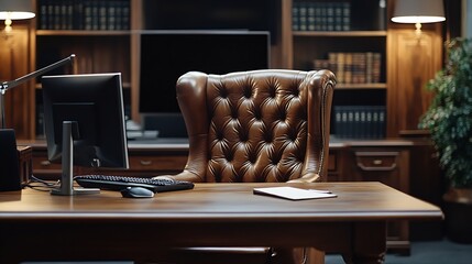 Poster - Directors office with large wooden table leather armchair and PC Interior design : Generative AI