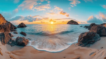 Canvas Print - Sunset over Calm Sea with Rocks and Sandy Beach