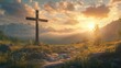 © BOJOShop - Mountaintop Cross at Sunset with Jesus Christ Figure and Dramatic Clouds
