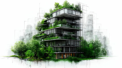 Poster - A sketch-style illustration of a green, sustainable, high-rise building in the middle of a city.