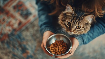 High angle view of woman feeding with dry food her cat at home Portrait of cute pet waiting and looking at woman serving food in a steel bowl Hungry cat looking at food while owner ser : Generative AI