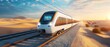 A modern train traverses a desert landscape, capturing a blend of technology and nature under a golden sunset. Sci fi Concept.