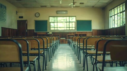 Fototapete - Lecture room or School empty classroom with desks chair iron wood for studying lessons in high school Thailand interior of secondary education no kid teacher or young student Vintage t : Generative AI