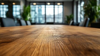 Leinwandbilder - On the blurred background of the empty office room a wooden board rested top the table : Generative AI