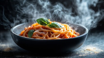 Pasta spaghetti with tomato sauce in black bowl Grey stone background on dark Background with smoke and steam view Selective Focus at the fronthot food : Generative AI