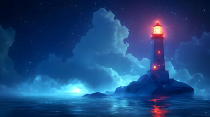 Poster - A solitary lighthouse stands tall on a rocky island under a starry night sky.