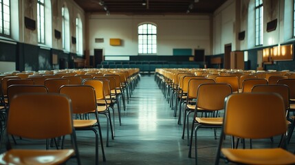 Poster - Empty classroom with chairs arranged in a black t prizes : Generative AI