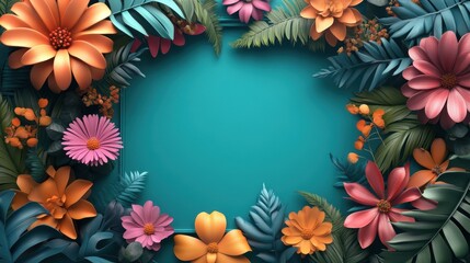 Sticker - Tropical Flowers and Leaves Border on Teal Background