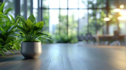 Leinwandbilder - Light blur Minimalist Open Space Office background Blurred Modern contemporary office and meeting room interior design with panoramic glass windows and green plant inside and Wooden fl : Generative AI