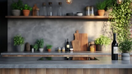 Wall Mural - Modern grey and wood kitchen design in minimalist style : Generative AI