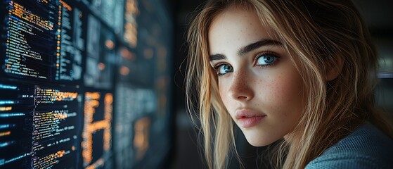 AI cyber security concept. Female IT Computer specialist analyzing artificial intelligence digital threats to consumer data & privacy breach. Software developer coding & ethical hacking in dark office