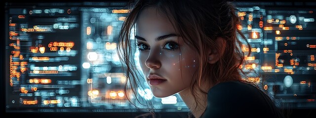 AI cyber security concept. Female IT Computer specialist analyzing artificial intelligence digital threats to consumer data & privacy breach. Software developer coding & ethical hacking in dark office