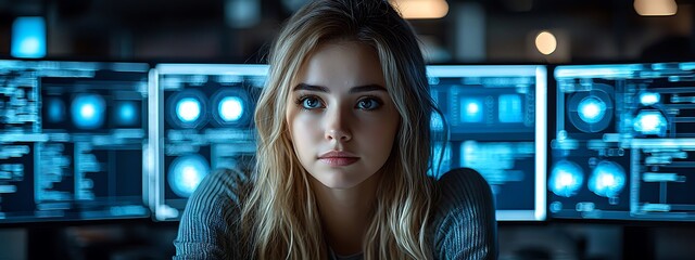 AI cyber security concept. Female IT Computer specialist analyzing artificial intelligence digital threats to consumer data & privacy breach. Software developer coding & ethical hacking in dark office