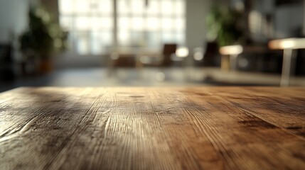 Leinwandbilder - On the blurred background of the empty office room a wooden board rested atop the table : Generative AI