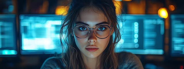 AI cyber security concept. Female IT Computer specialist analyzing artificial intelligence digital threats to consumer data & privacy breach. Software developer coding & ethical hacking in dark office
