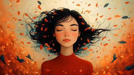 Wall Mural - A woman with long dark hair is surrounded by falling autumn leaves with her eyes closed.