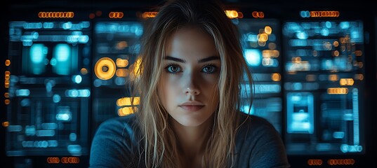 AI cyber security concept. Female IT Computer specialist analyzing artificial intelligence digital threats to consumer data & privacy breach. Software developer coding & ethical hacking in dark office