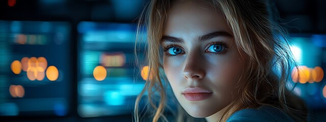 AI cyber security concept. Female IT Computer specialist analyzing artificial intelligence digital threats to consumer data & privacy breach. Software developer coding & ethical hacking in dark office