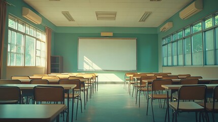Poster - Lecture room or School empty classroom with desks and chair iron wood for studying lessons in high school thailand interior of secondary education with whiteboard vintage tone educatio : Generative AI