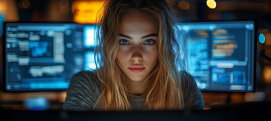 AI cyber security concept. Female IT Computer specialist analyzing artificial intelligence digital threats to consumer data & privacy breach. Software developer coding & ethical hacking in dark office