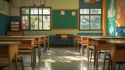 Fototapete - School empty classroom with desks chair wood with greenboard in high school education concept : Generative AI