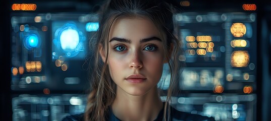 AI cyber security concept. Female IT Computer specialist analyzing artificial intelligence digital threats to consumer data & privacy breach. Software developer coding & ethical hacking in dark office