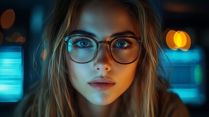 AI cyber security concept. Female IT Computer specialist analyzing artificial intelligence digital threats to consumer data & privacy breach. Software developer coding & ethical hacking in dark office