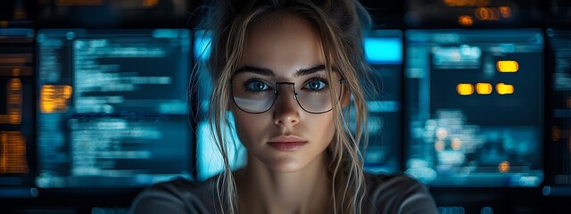AI cyber security concept. Female IT Computer specialist analyzing artificial intelligence digital threats to consumer data & privacy breach. Software developer coding & ethical hacking in dark office