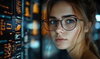 AI cyber security concept. Female IT Computer specialist analyzing artificial intelligence digital threats to consumer data & privacy breach. Software developer coding & ethical hacking in dark office