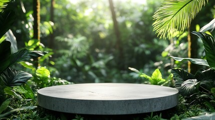 Wall Mural - Concrete podium tabletop floor in outdoor tropical garden forest blurred green leaf plant nature backgroundNatural product placement pedestal stand displaysummer jungle paradise concep : Generative AI