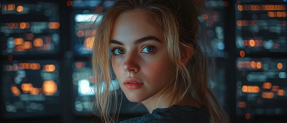 AI cyber security concept. Female IT Computer specialist analyzing artificial intelligence digital threats to consumer data & privacy breach. Software developer coding & ethical hacking in dark office