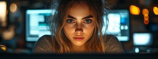 AI cyber security concept. Female IT Computer specialist analyzing artificial intelligence digital threats to consumer data & privacy breach. Software developer coding & ethical hacking in dark office