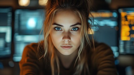 AI cyber security concept. Female IT Computer specialist analyzing artificial intelligence digital threats to consumer data & privacy breach. Software developer coding & ethical hacking in dark office