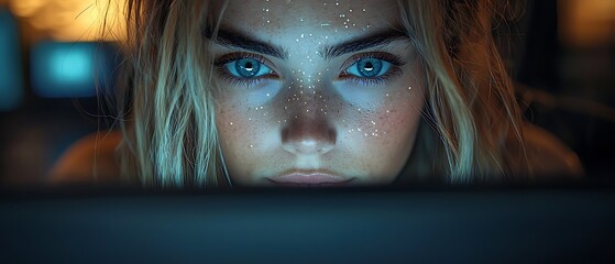AI cyber security concept. Female IT Computer specialist analyzing artificial intelligence digital threats to consumer data & privacy breach. Software developer coding & ethical hacking in dark office