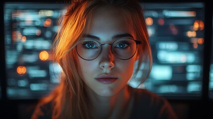 AI cyber security concept. Female IT Computer specialist analyzing artificial intelligence digital threats to consumer data & privacy breach. Software developer coding & ethical hacking in dark office