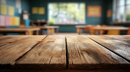 Poster - Wooden board empty table background On the blurred background of the empty classroom : Generative AI