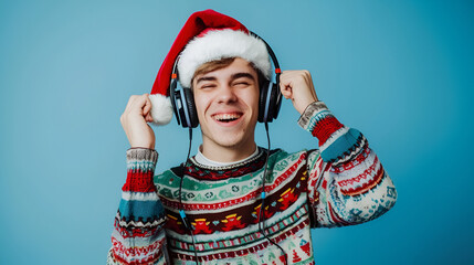 Wall Mural - Boy on blue background with Christmas hat and sweater wearing ear ones