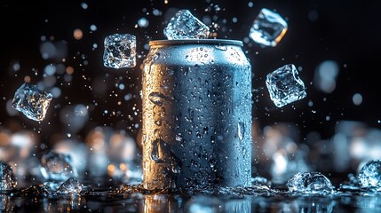 Leinwandbilder - Empty aluminium can mockup with flying ice cubes and splash isolated on black background : Generative AI