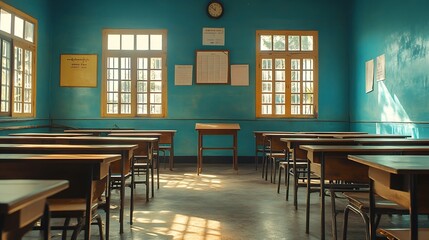Fototapete - Lecture room or School empty classroom with desks and chair iron wood in high school thailand interior of 
secondary education vintage tone educational concept : Generative AI