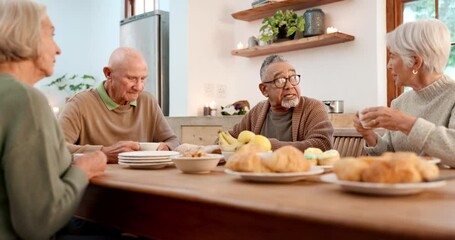 Canvas Print - Breakfast, elderly friends and conversation with people in a retirement home together for bonding in the morning. Tea party, drink and a group of seniors chatting in the living room of an apartment