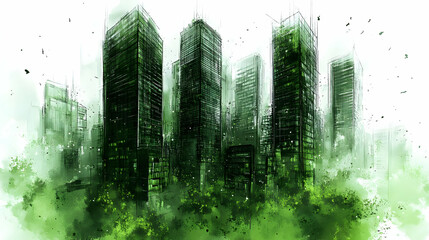 Canvas Print - Abstract green watercolor city skyline sketch.