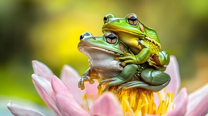 Canvas Print - Two green frogs sitting on a flower