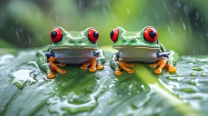 Front close up view of two funny red-eyed tree frogs (Agalychnis callidryas) on a green leaf with water drops after the rain, wildlife in a tropical rainforest of South America