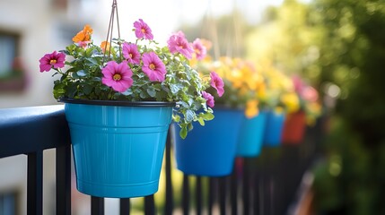 Colorful blue Hanging Flower Pots on Balcony. Vibrant flower pots suspended on a sunlit balcony railing.