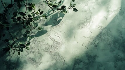 Aufkleber - Pale green textured plaster wall with abstract sun light shadow foliage silhouette elegant floral background with copy space : Generative AI