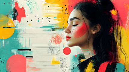 Poster - Abstract portrait of a woman with eyes closed, painted in vibrant colors.