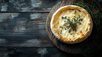 Traditional French homemade baked Camembert cheese with thyme on a wooden background top view copy space : Generative AI