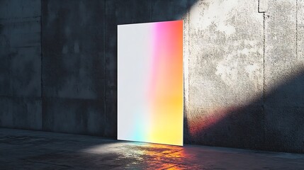 Fototapete - Empty white vertical rectangle a4 poster business card flyer mockup with overlay of rainbow light refraction caustic effect and shadow on trendy dark concrete background : Generative AI
