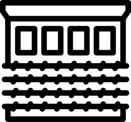 Sticker - Simple black and white vector icon representing a train station building standing on rails for public transportation