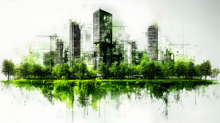 Poster - Abstract Watercolor Cityscape with Trees and Reflection.